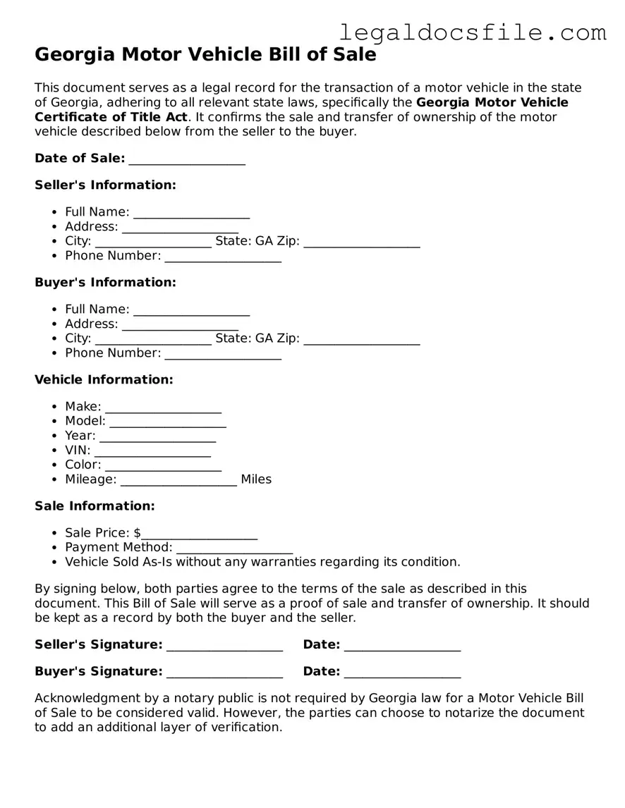 Valid Motor Vehicle Bill of Sale Template for the State of Georgia