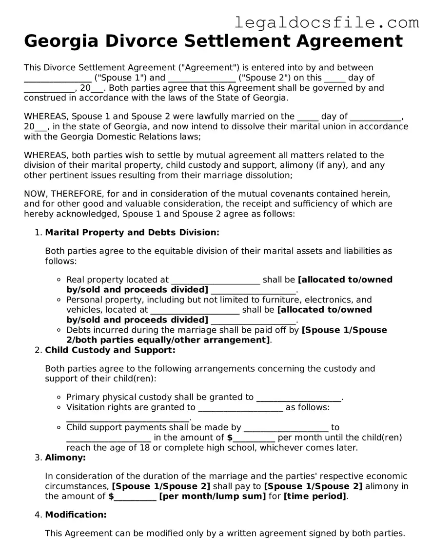 Valid Divorce Settlement Agreement Template for the State of Georgia
