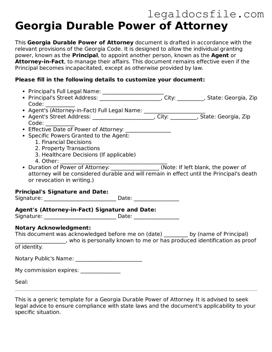 Valid Durable Power of Attorney Template for the State of Georgia