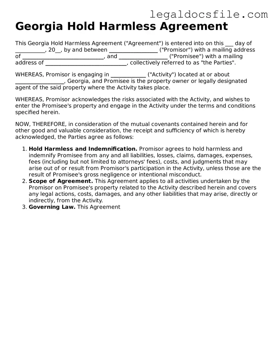 Valid Hold Harmless Agreement Template for the State of Georgia