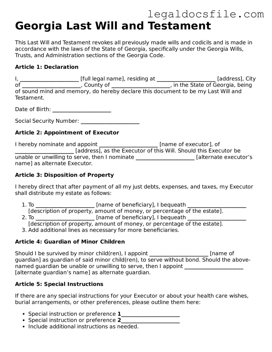 Valid Last Will and Testament Template for the State of Georgia
