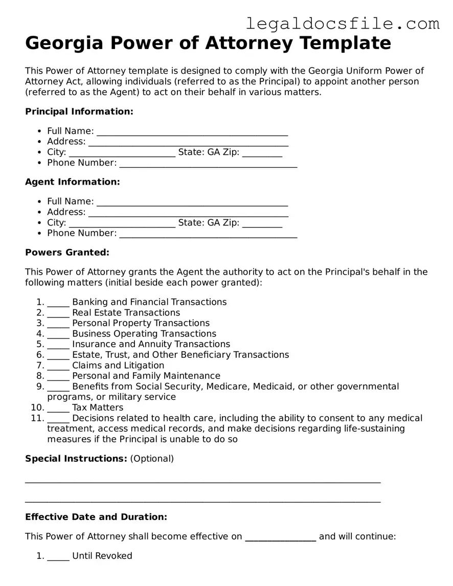 Valid Power of Attorney Template for the State of Georgia