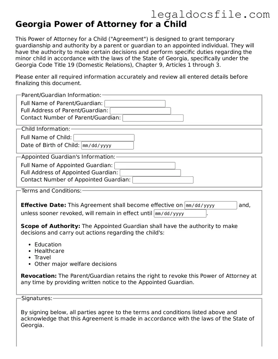 Valid Power of Attorney for a Child Template for the State of Georgia