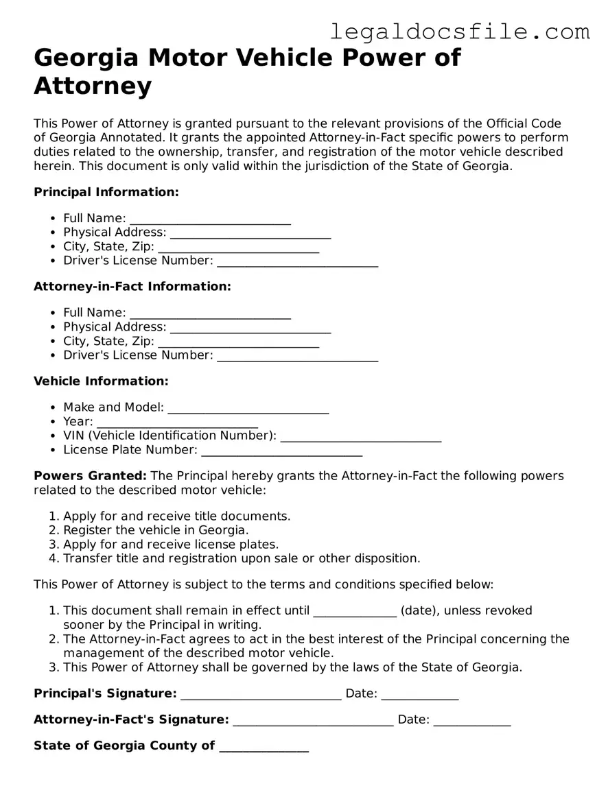 Valid Motor Vehicle Power of Attorney Template for the State of Georgia