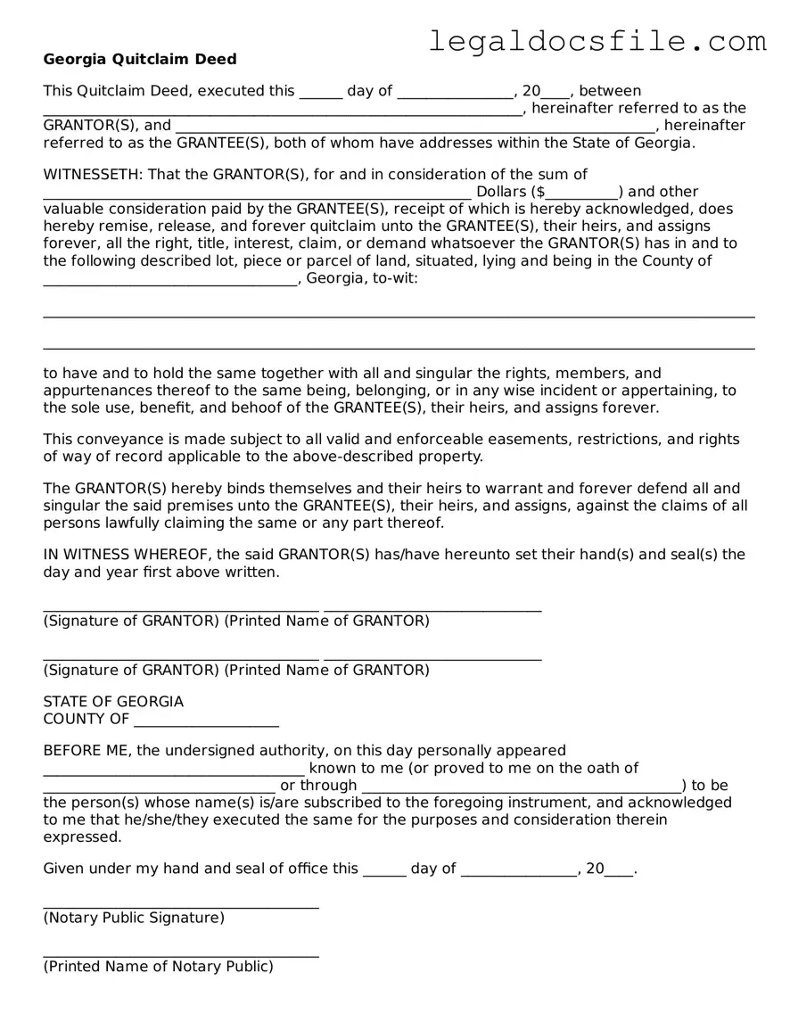 Valid Quitclaim Deed Template for the State of Georgia