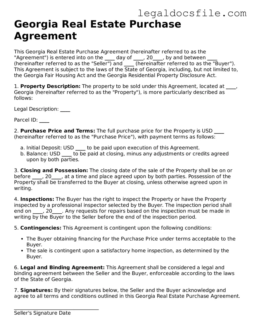 Valid Real Estate Purchase Agreement Template for the State of Georgia