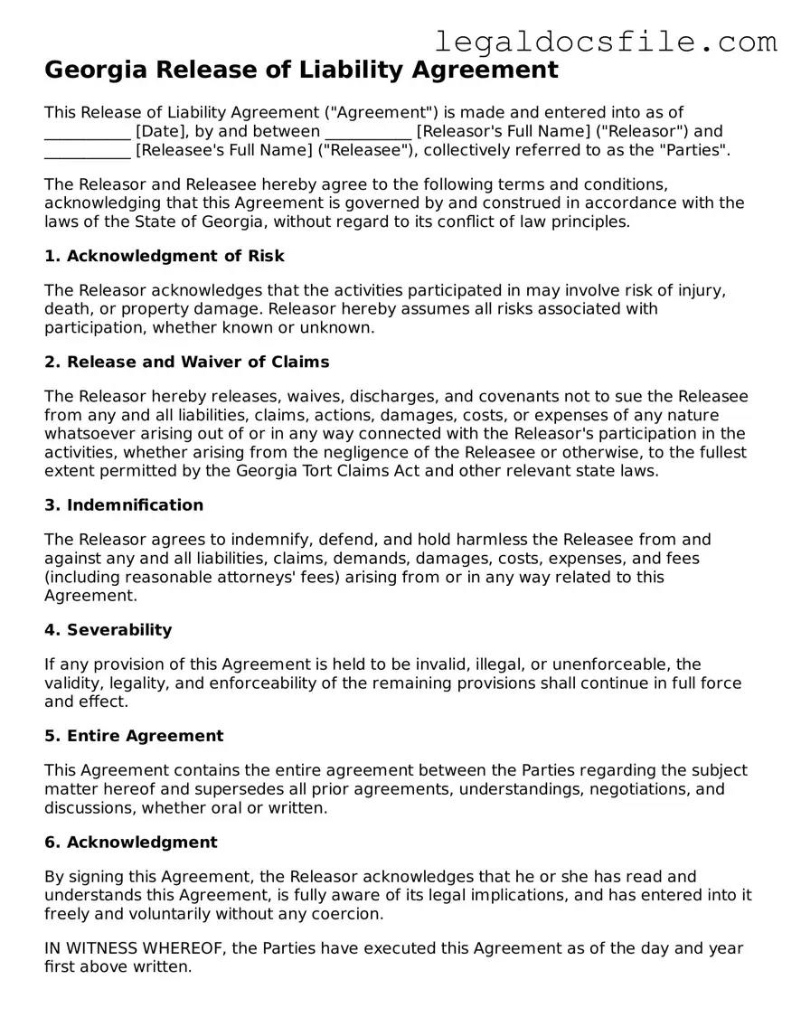 Valid Release of Liability Template for the State of Georgia