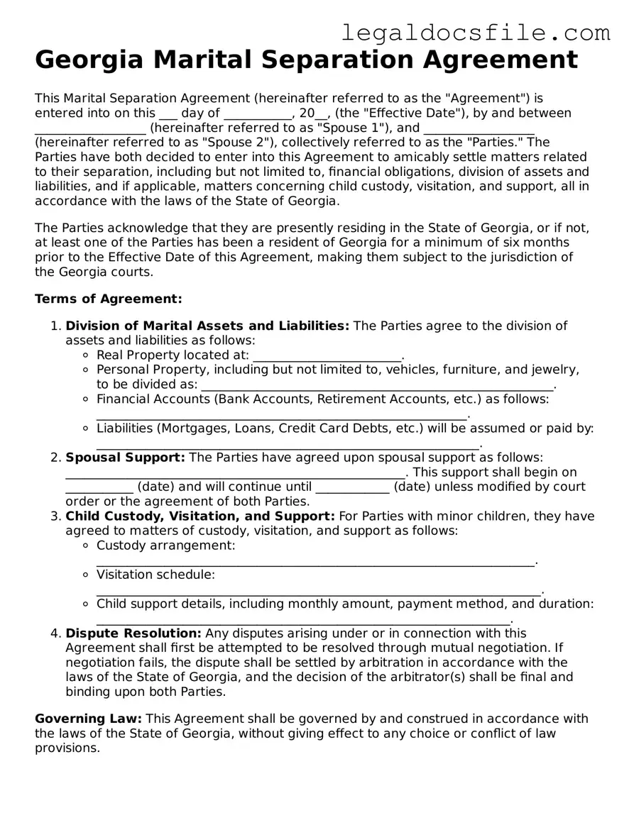 Valid Marital Separation Agreement Template for the State of Georgia