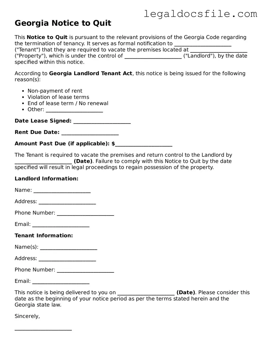 Valid Notice to Quit Template for the State of Georgia