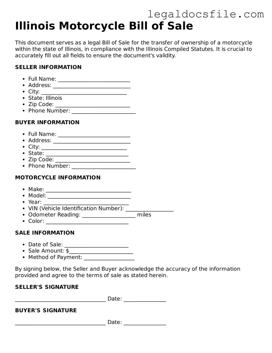 Valid Motorcycle Bill of Sale Template for the State of Illinois