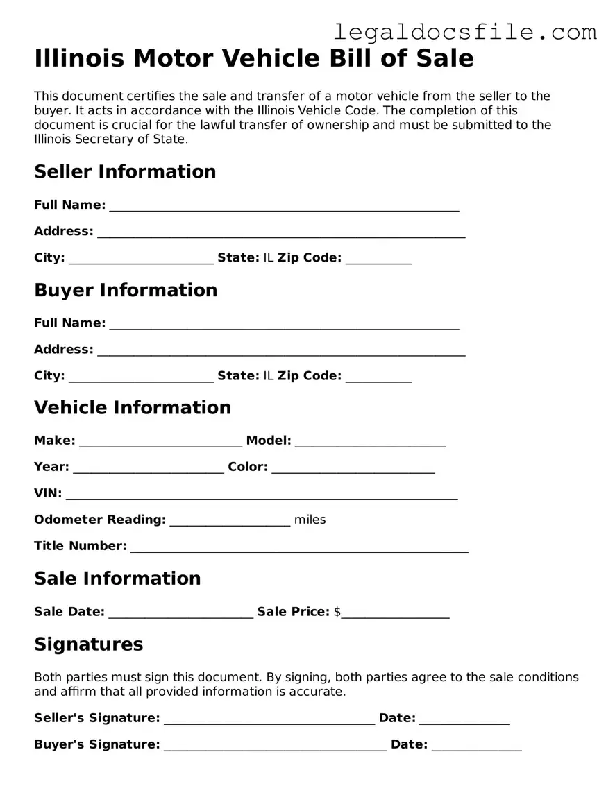 Valid Motor Vehicle Bill of Sale Template for the State of Illinois