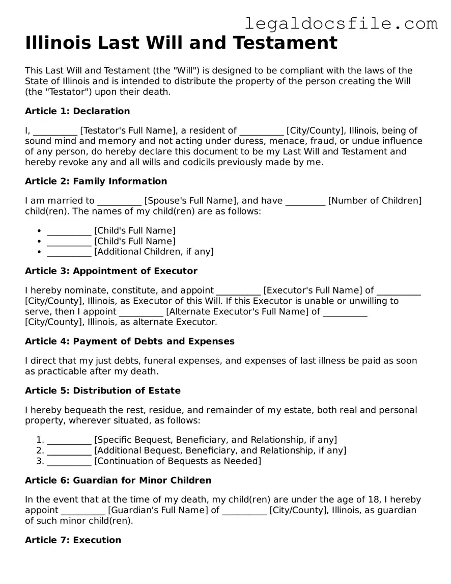 Valid Last Will and Testament Template for the State of Illinois
