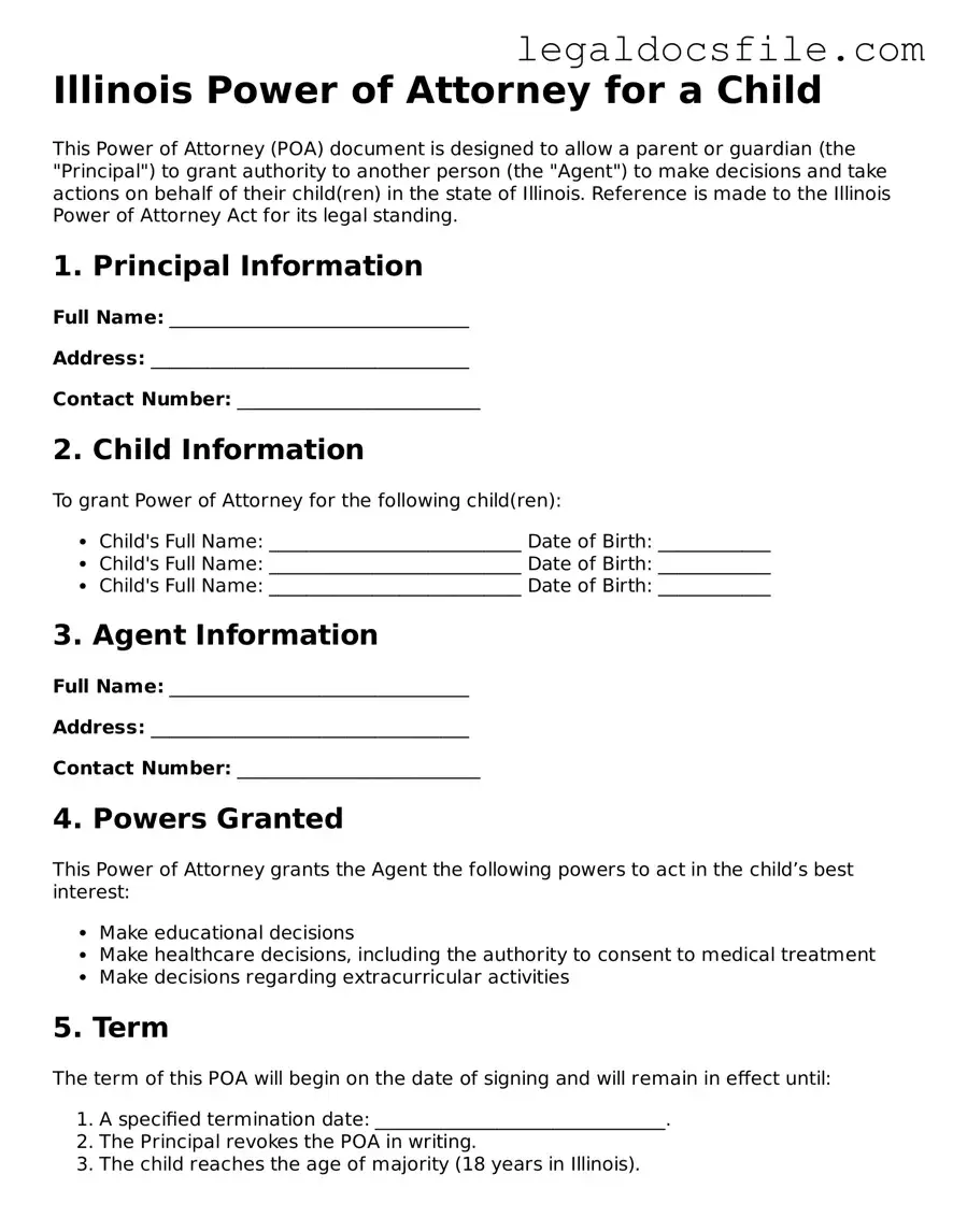Valid Power of Attorney for a Child Template for the State of Illinois