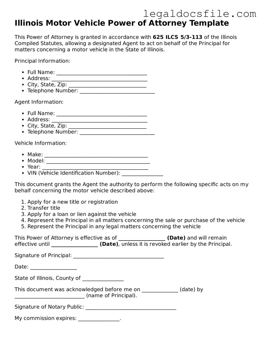Valid Motor Vehicle Power of Attorney Template for the State of Illinois