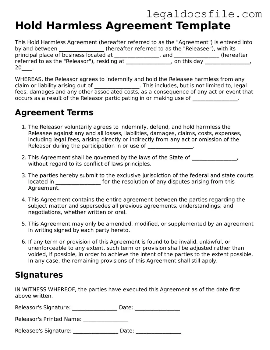 Printable Hold Harmless Agreement Document