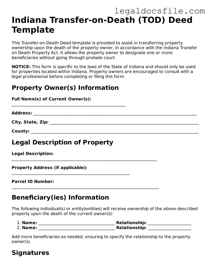 Valid Transfer-on-Death Deed Template for the State of Indiana