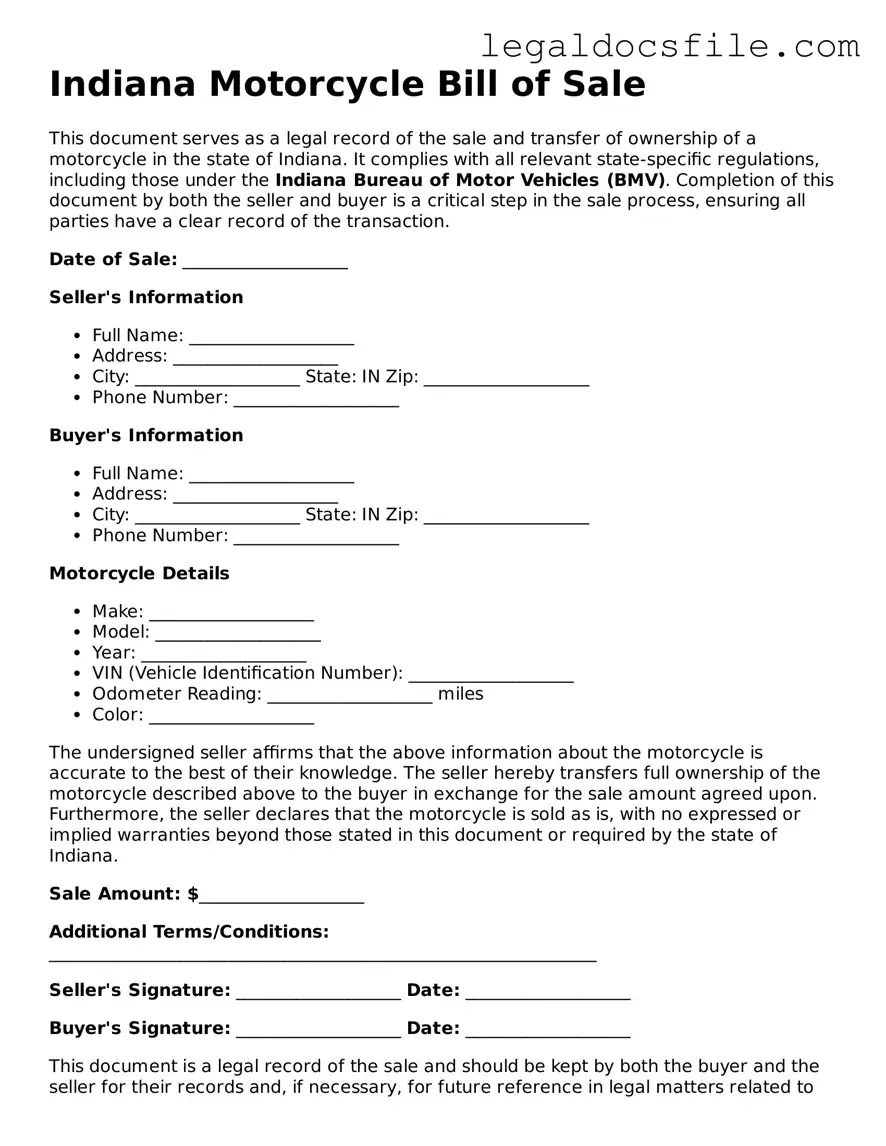 Valid Motorcycle Bill of Sale Template for the State of Indiana