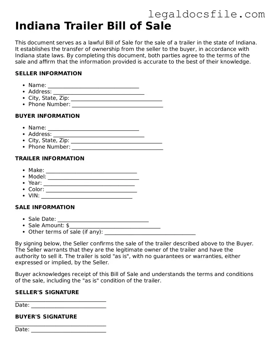 Valid Trailer Bill of Sale Template for the State of Indiana
