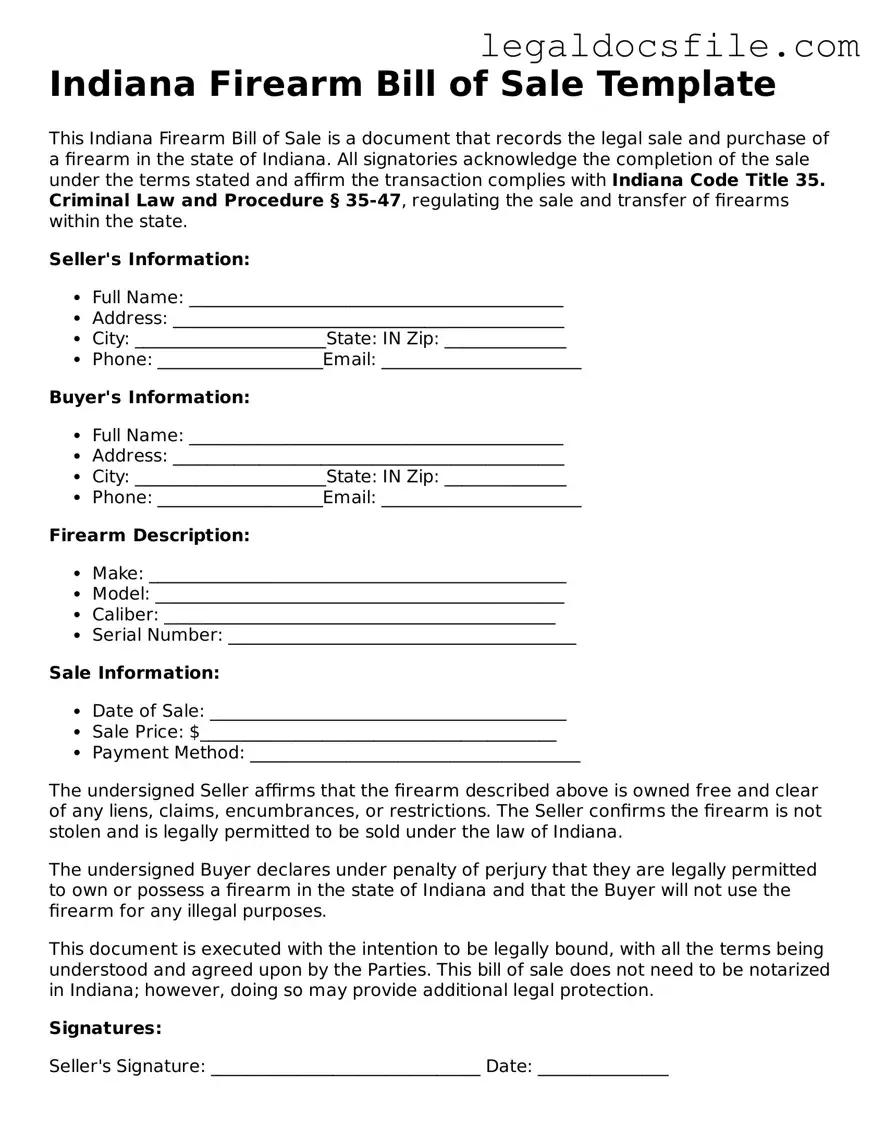 Valid Firearm Bill of Sale Template for the State of Indiana