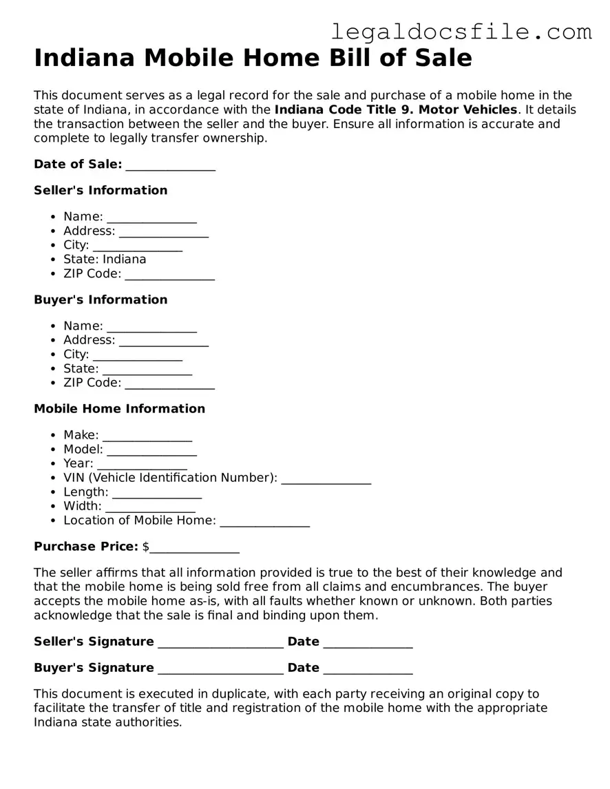 Valid Mobile Home Bill of Sale Template for the State of Indiana