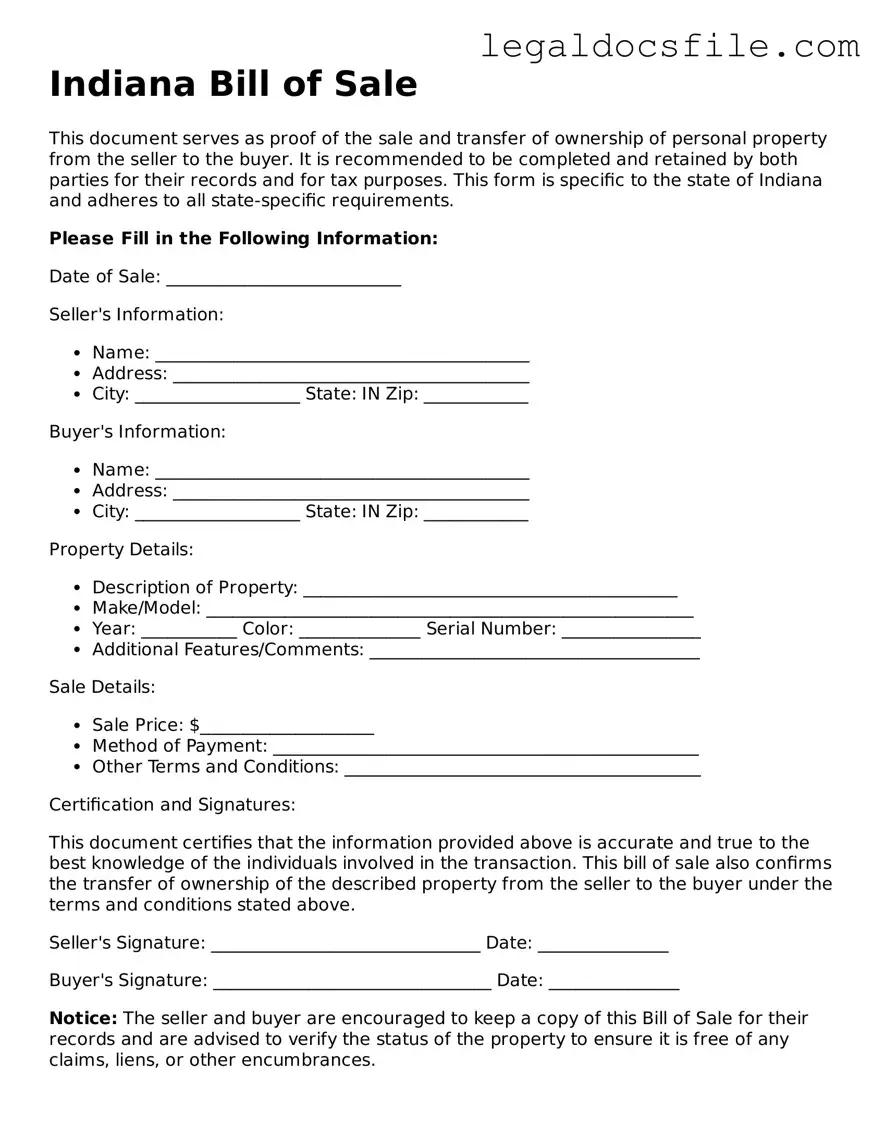 Valid Bill of Sale Template for the State of Indiana