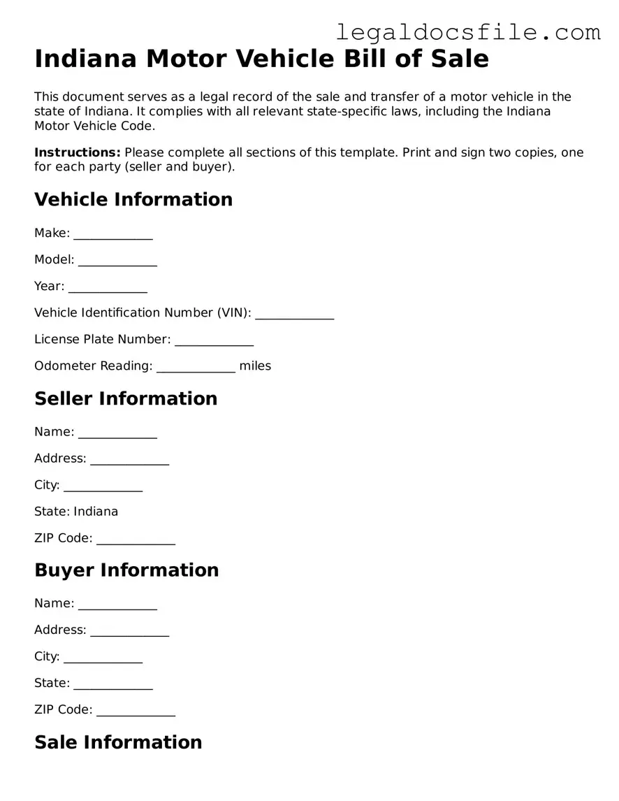 Valid Motor Vehicle Bill of Sale Template for the State of Indiana