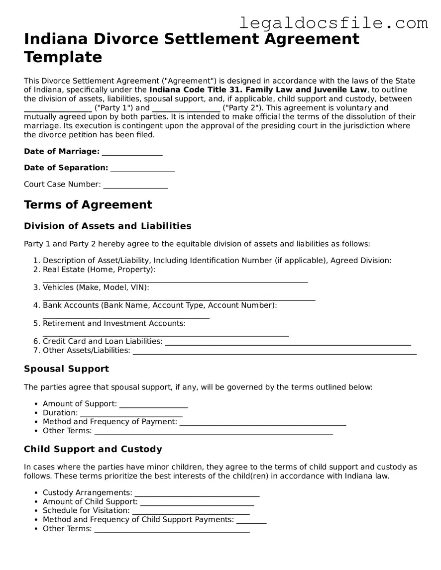 Valid Divorce Settlement Agreement Template for the State of Indiana