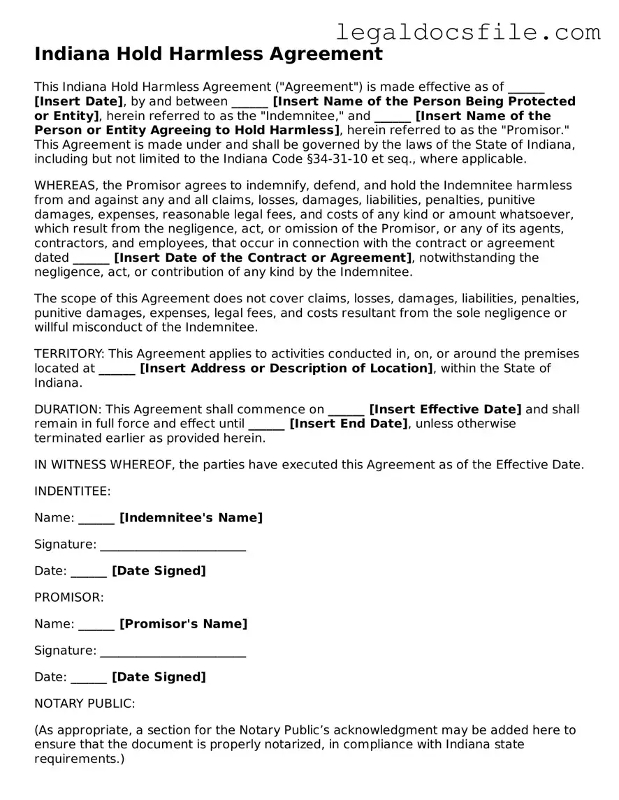 Valid Hold Harmless Agreement Template for the State of Indiana