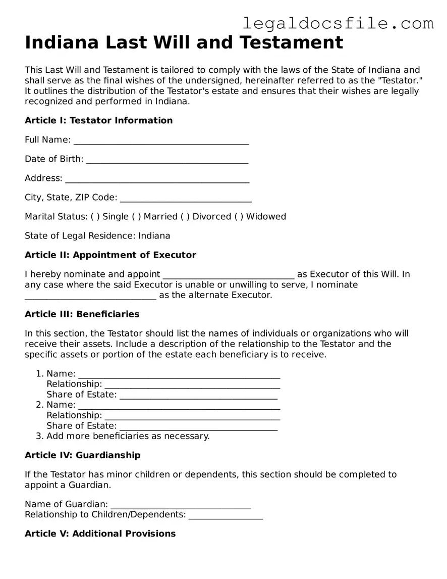 Valid Last Will and Testament Template for the State of Indiana