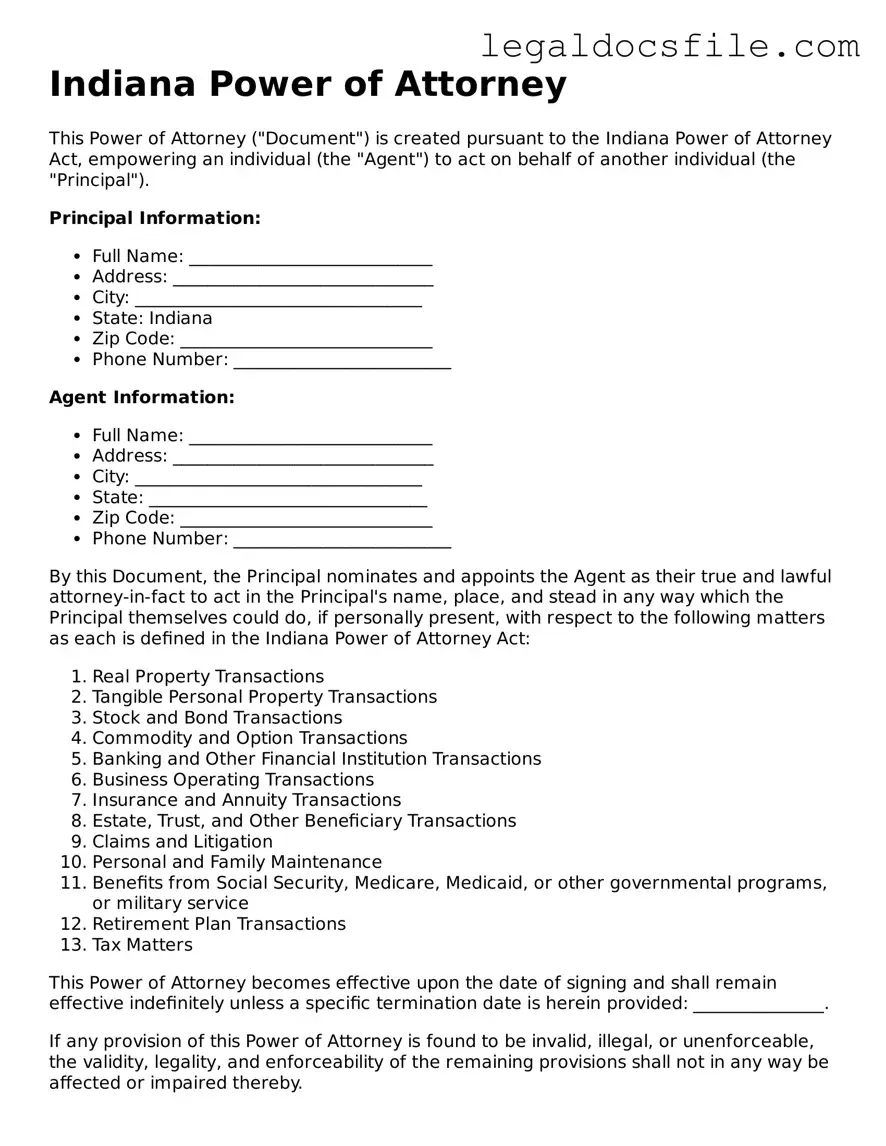 Valid Power of Attorney Template for the State of Indiana