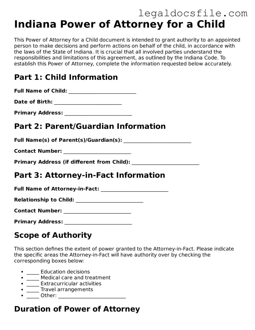 Valid Power of Attorney for a Child Template for the State of Indiana