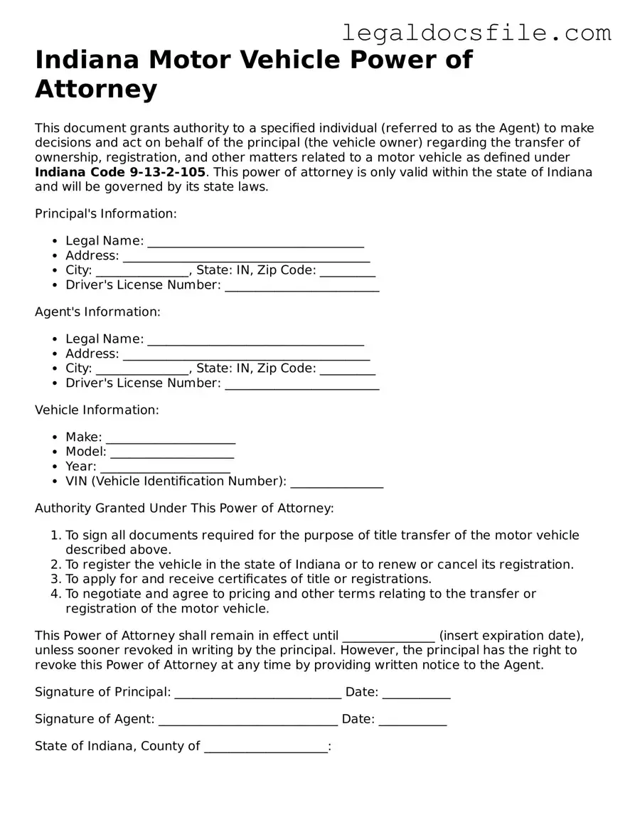 Valid Motor Vehicle Power of Attorney Template for the State of Indiana