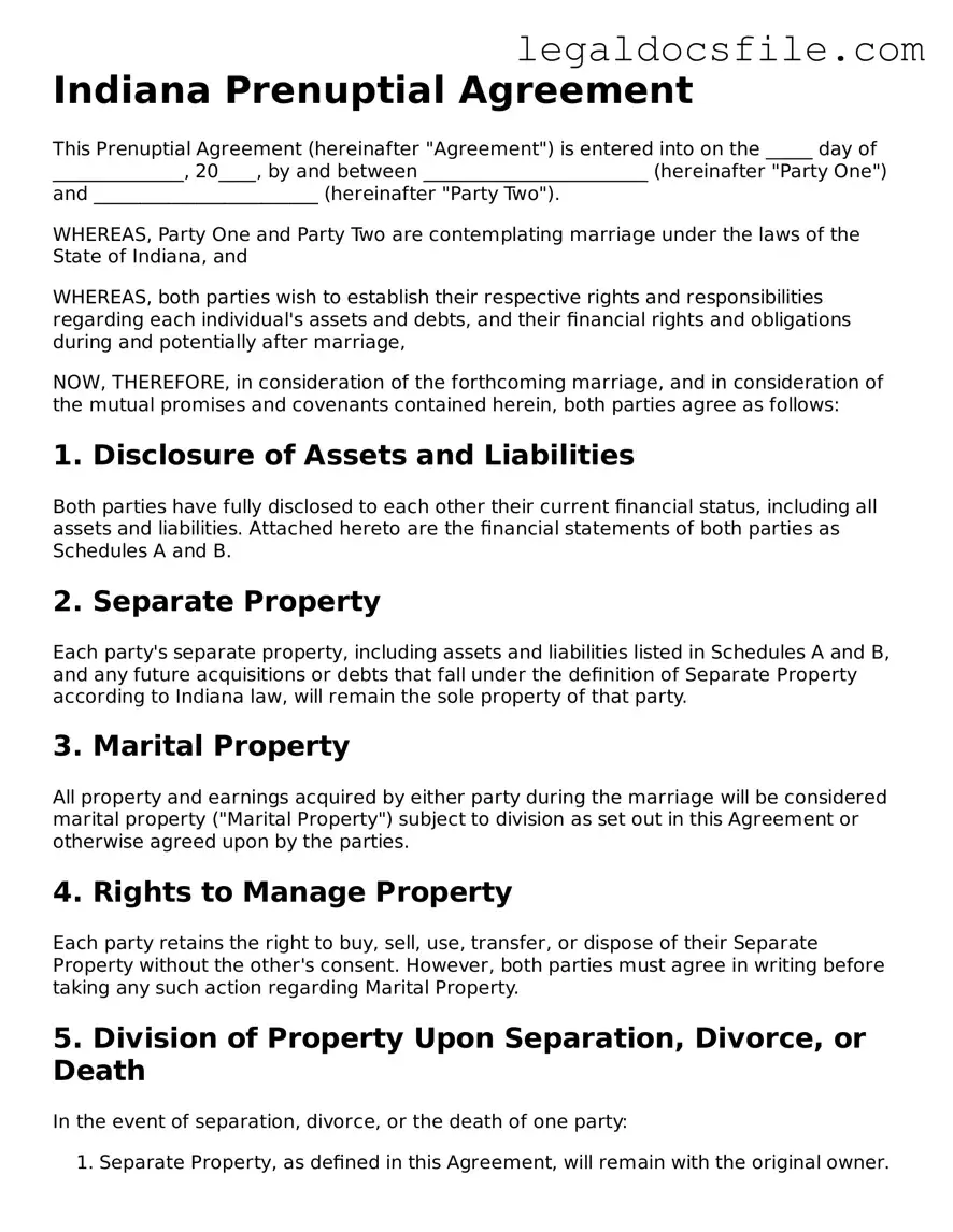 Valid Prenuptial Agreement Template for the State of Indiana
