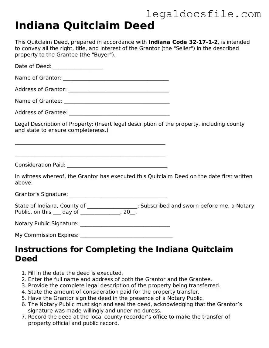 Valid Quitclaim Deed Template for the State of Indiana