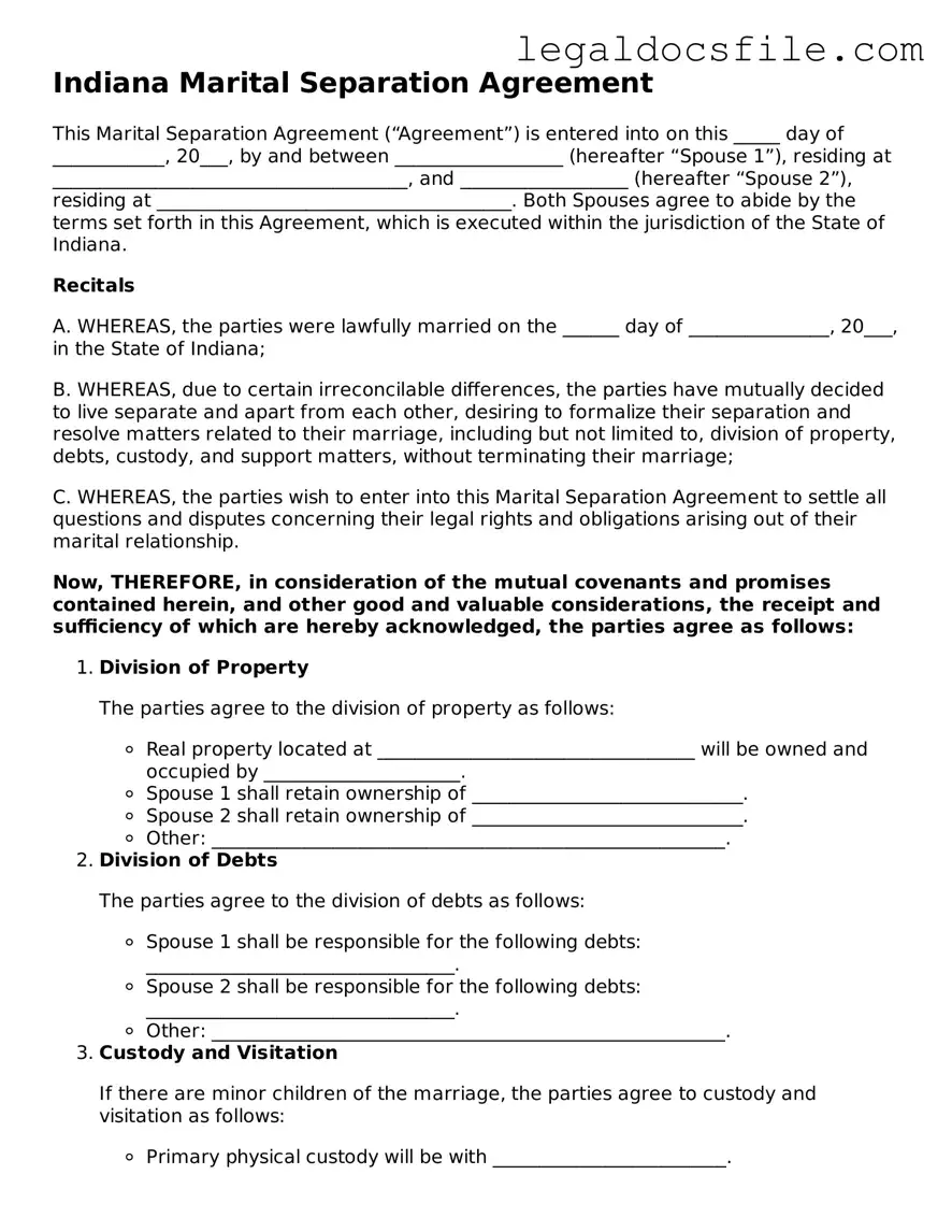 Valid Marital Separation Agreement Template for the State of Indiana