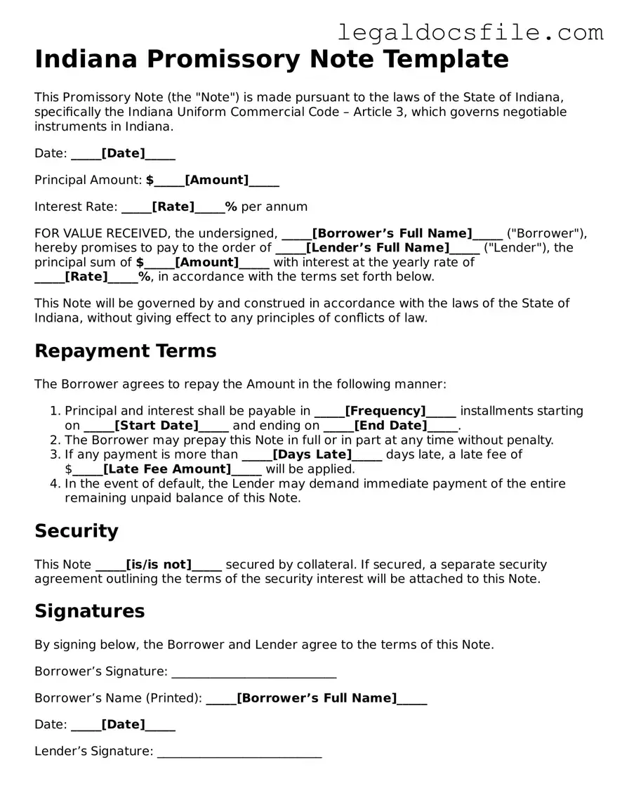 Valid Promissory Note Template for the State of Indiana