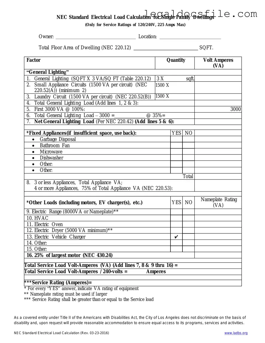 Printable LADBS NEC Standard Electrical Load Calculation Template in PDF
