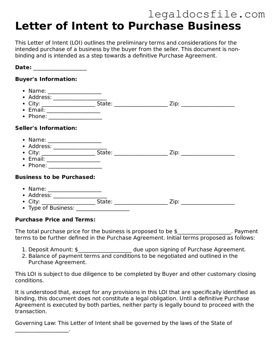Printable Letter of Intent to Purchase Business Document