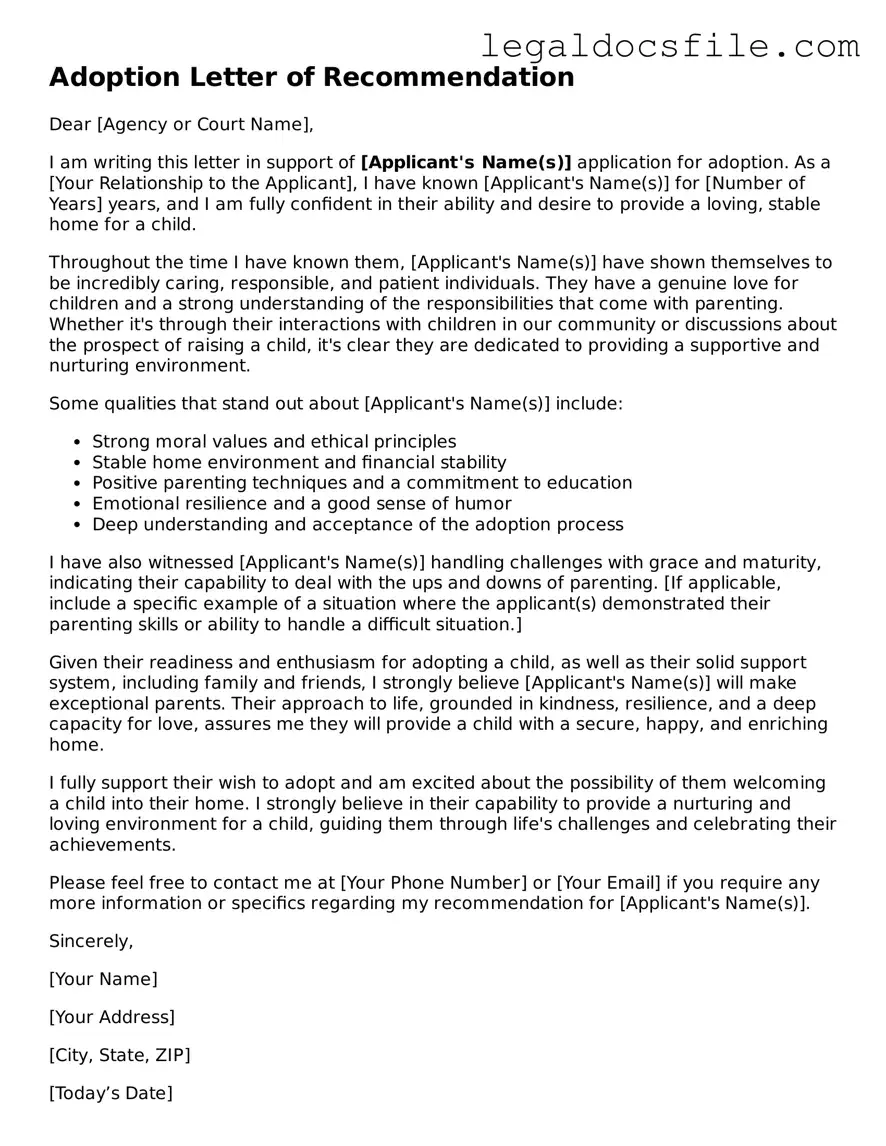Printable Adoption Letter of Recommendation Document