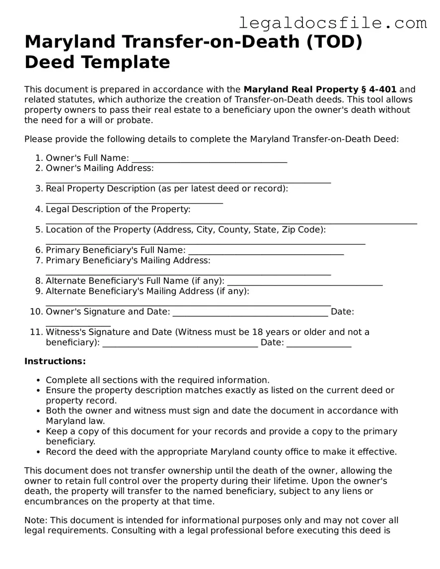 Valid Transfer-on-Death Deed Template for the State of Maryland