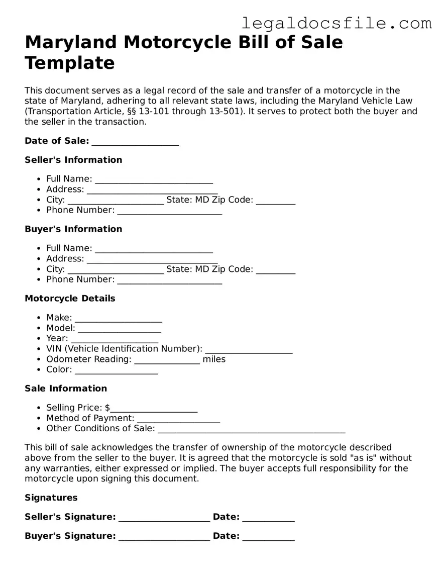 Valid Motorcycle Bill of Sale Template for the State of Maryland