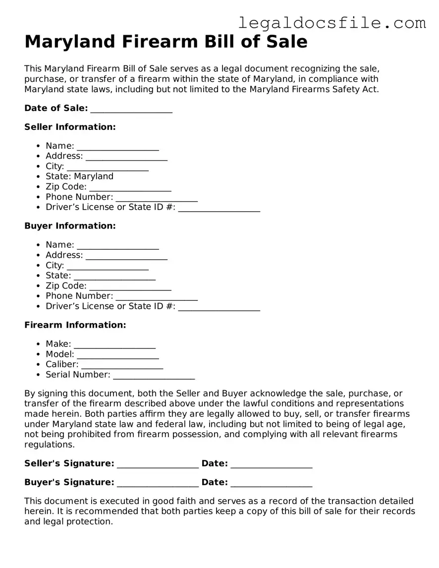 Valid Firearm Bill of Sale Template for the State of Maryland