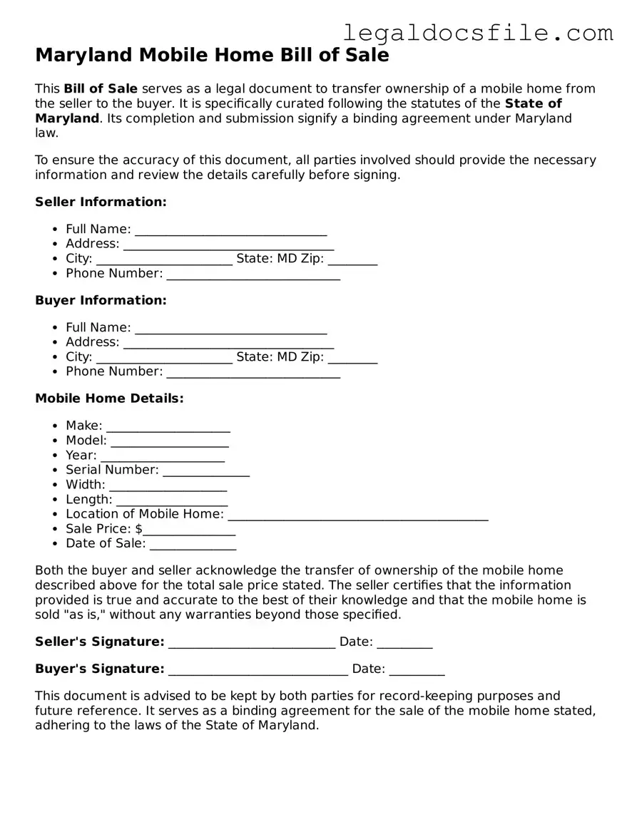 Valid Mobile Home Bill of Sale Template for the State of Maryland