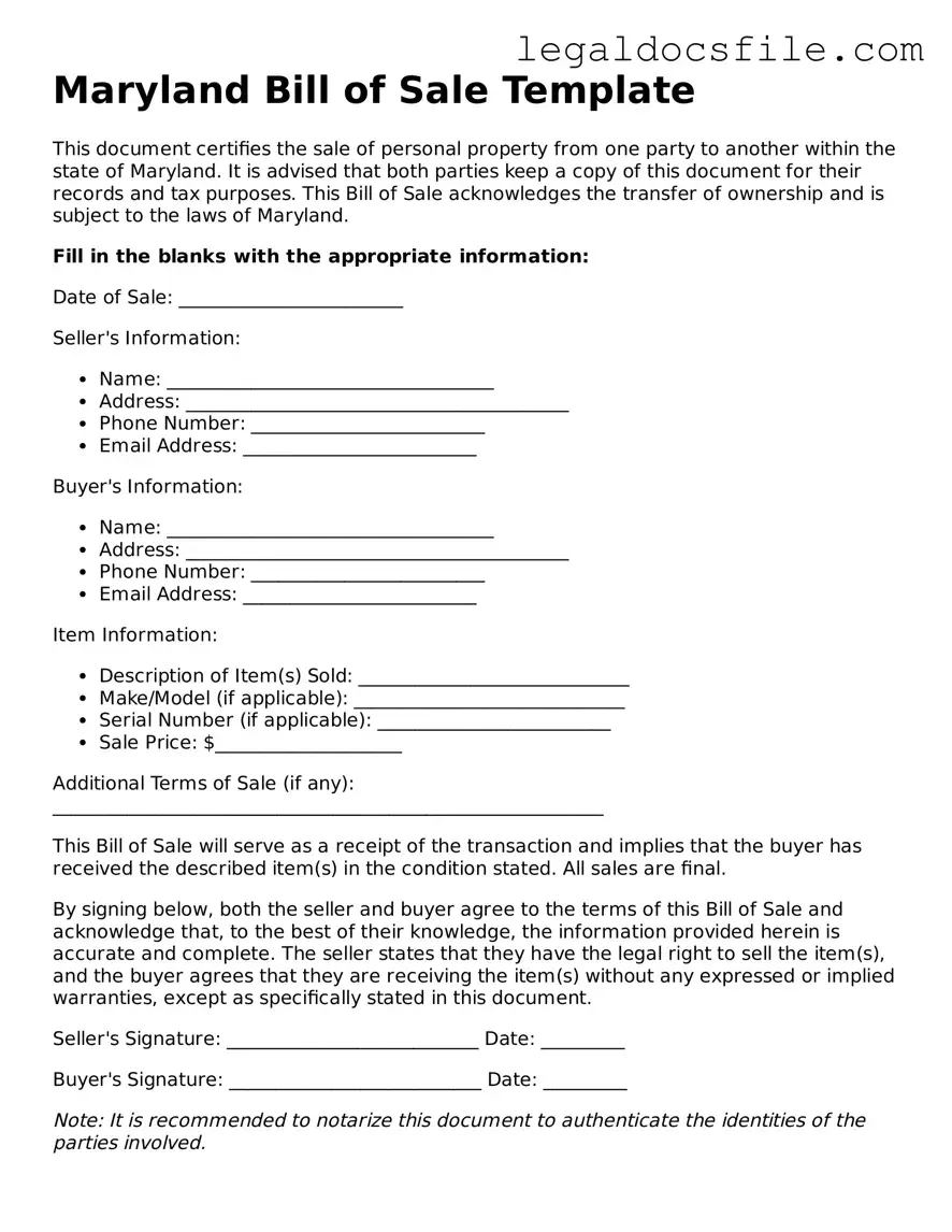 Valid Bill of Sale Template for the State of Maryland