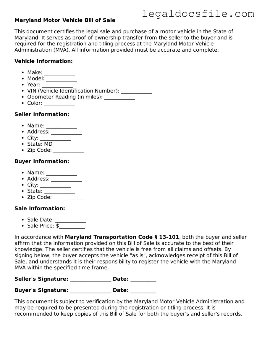 Valid Motor Vehicle Bill of Sale Template for the State of Maryland