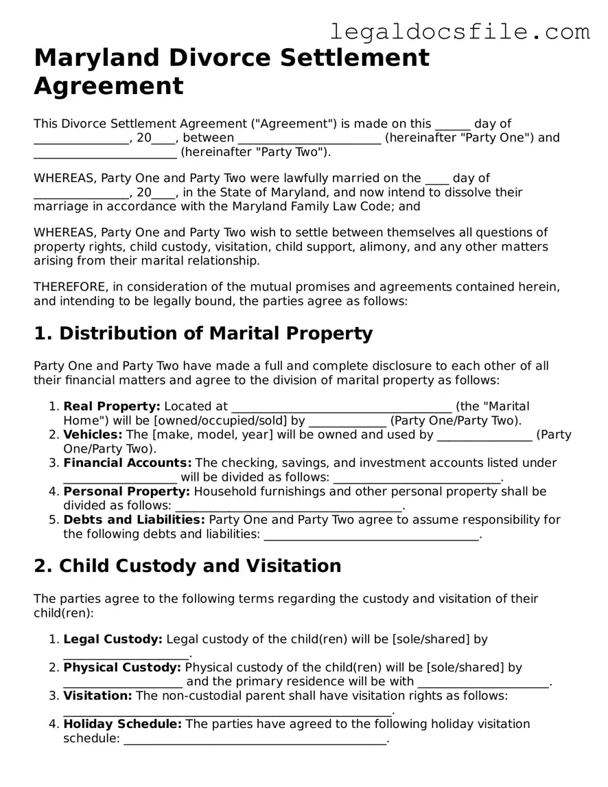 Valid Divorce Settlement Agreement Template for the State of Maryland