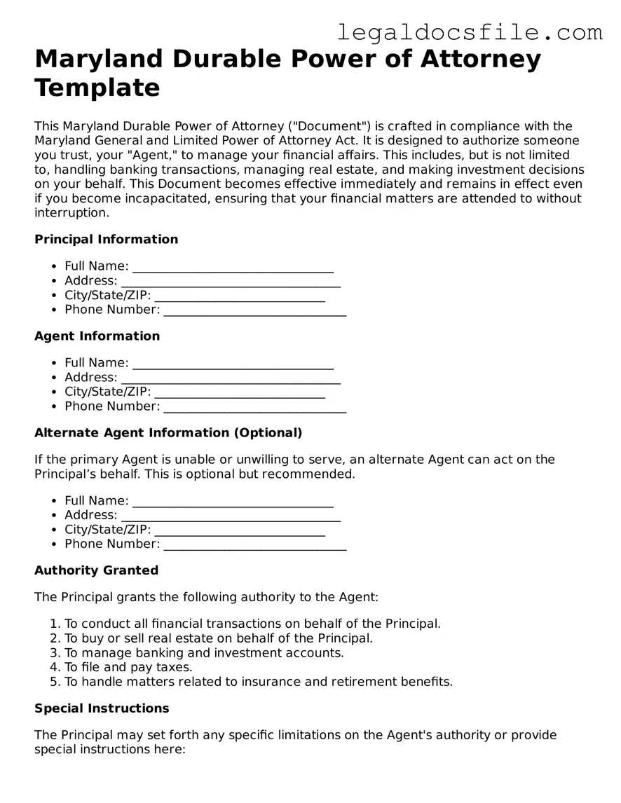 Valid Durable Power of Attorney Template for the State of Maryland