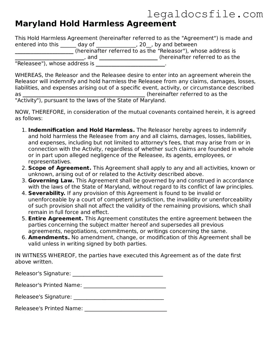 Valid Hold Harmless Agreement Template for the State of Maryland