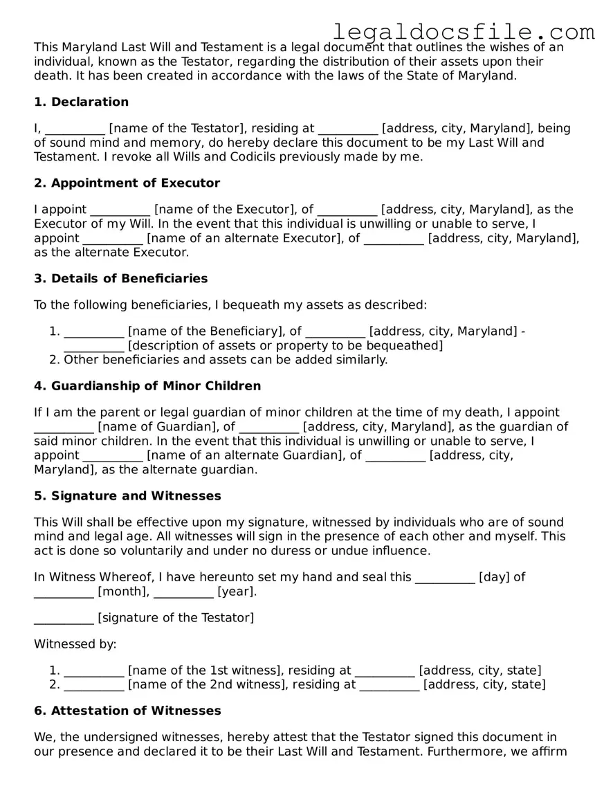Valid Last Will and Testament Template for the State of Maryland