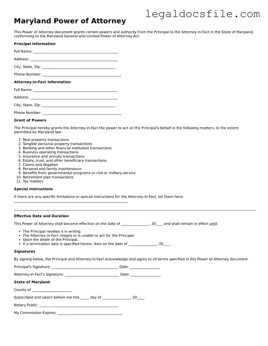 Valid Power of Attorney Template for the State of Maryland